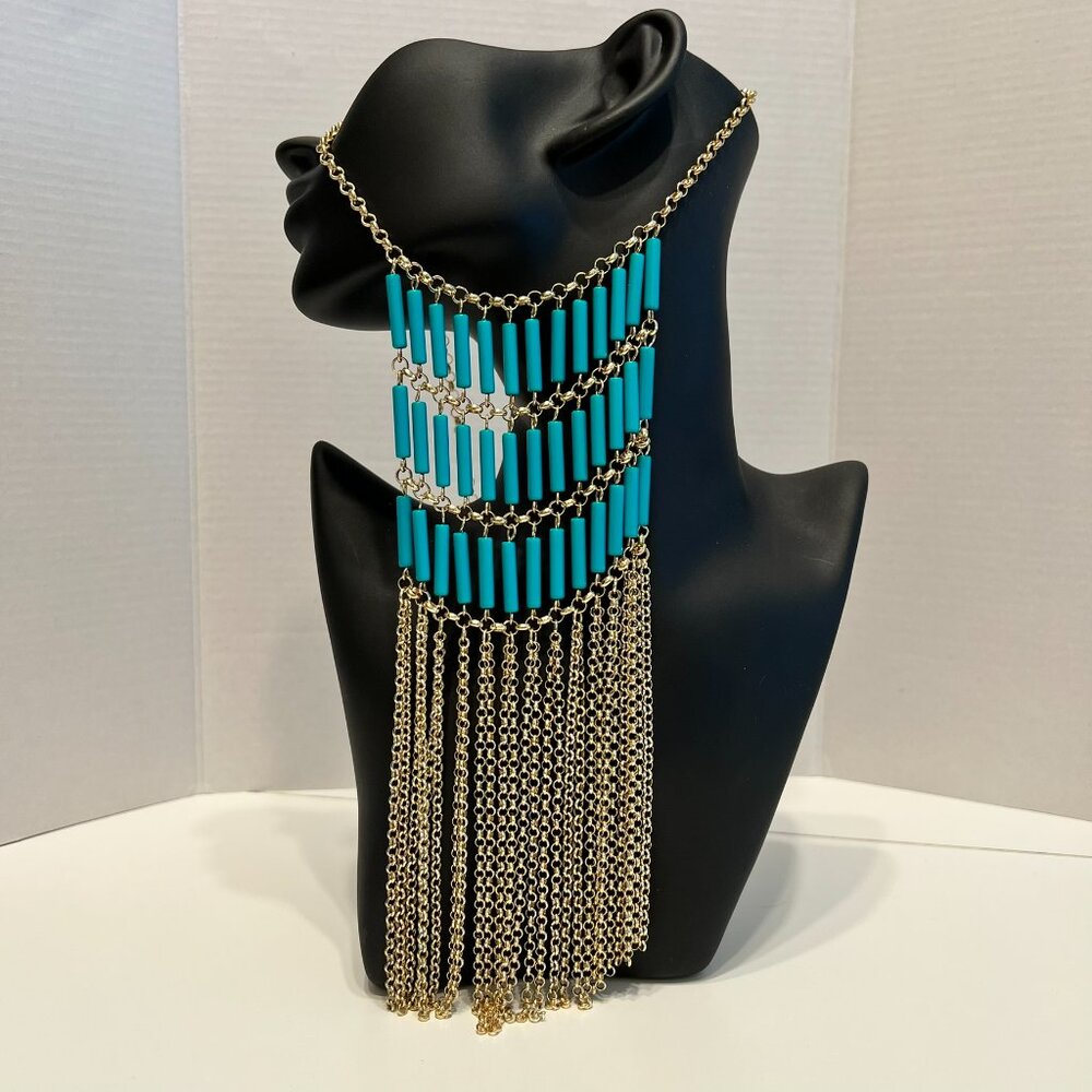 Turquoise Chain Boho Fringe Statement Necklace STUNNING!‎ - Picture 2 of 4